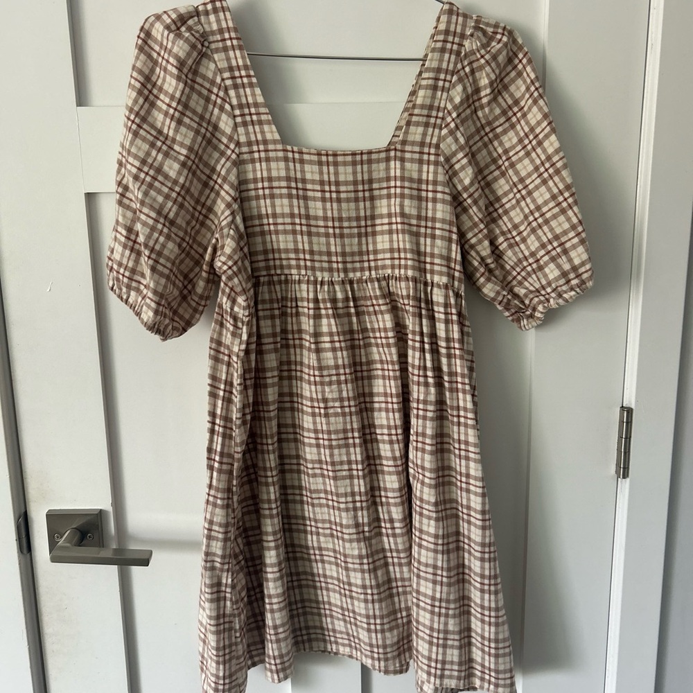 Rylee + Cru Plaid Dress in Cream and Brown